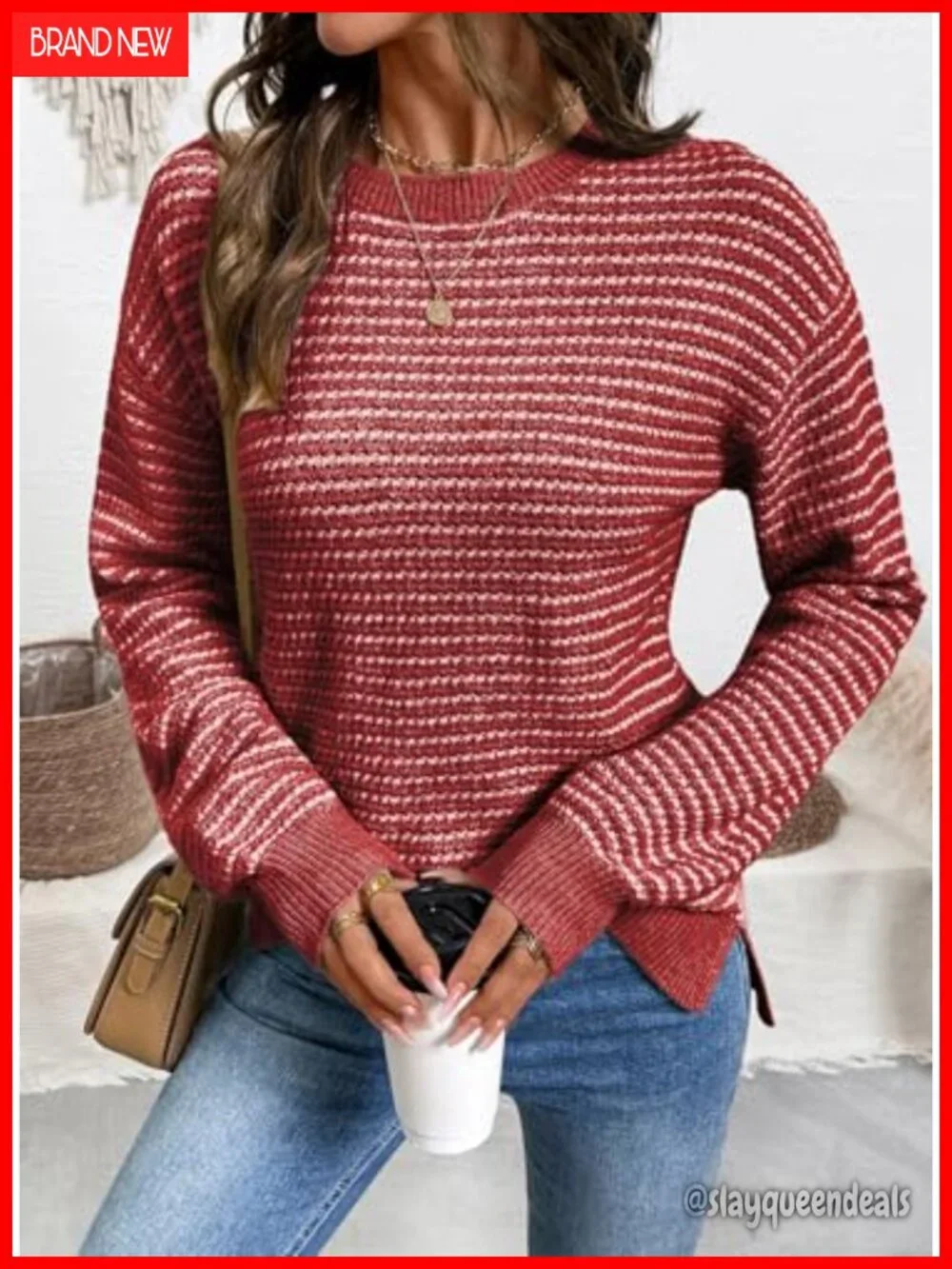 Women's Long Sleeve Crewneck Striped Side Split Pullover Sweater